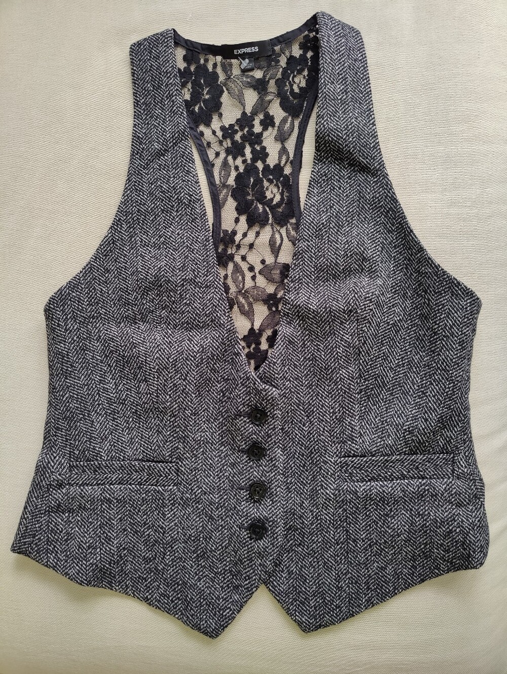 Express Gray Wool Blend Herringbone Tweed Vest with Black Lace Back, Size 8